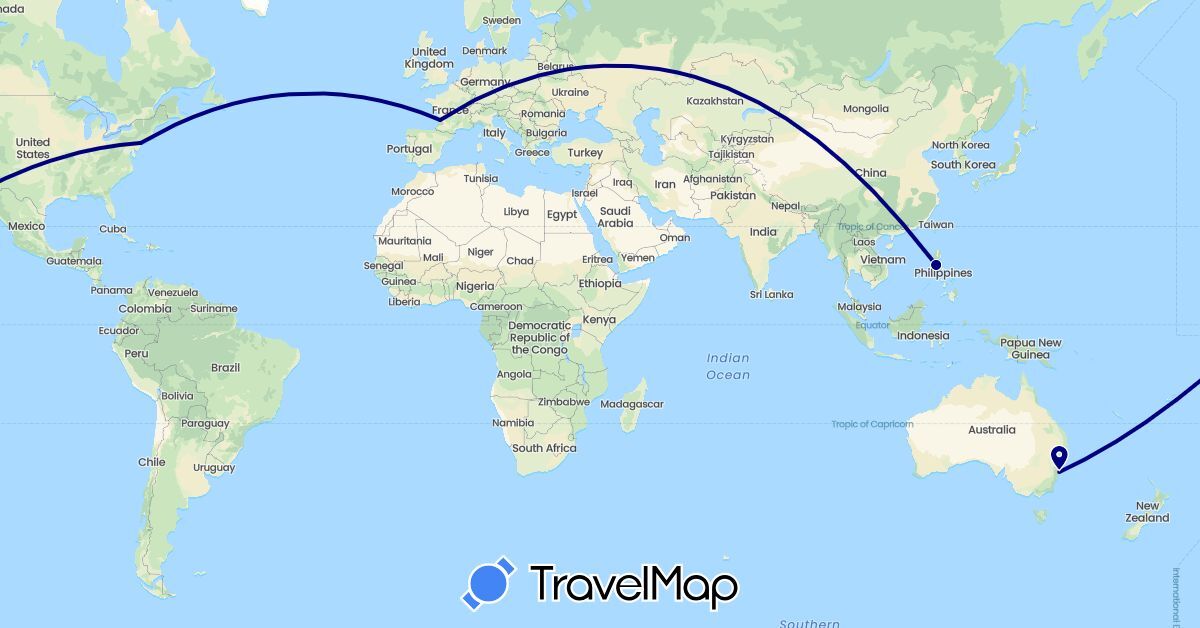 TravelMap itinerary: driving in Australia, France, Philippines, United States (Asia, Europe, North America, Oceania)